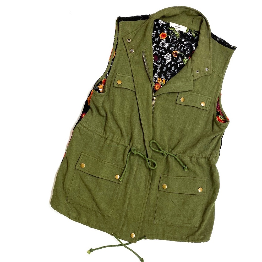 entro Olive Green Utility Vest with Floral Lining